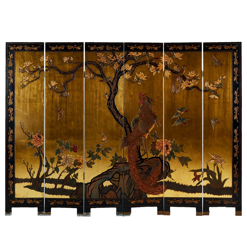 Appraisal: Chinese -Panel Lacquered Floor Screen Chinese lacquered six-panel floor screen