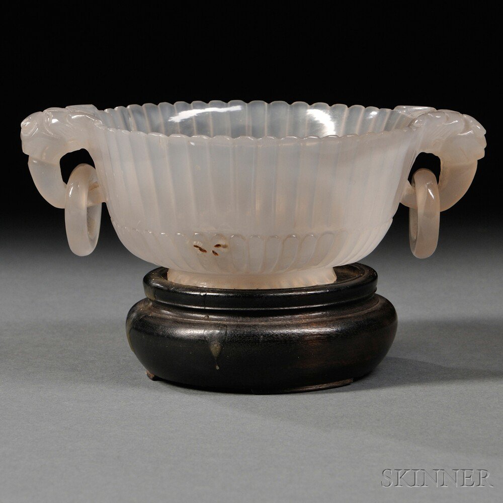 Appraisal: Mughal-style Gray Agate Bowl China th century ribbed chrysanthemum petals