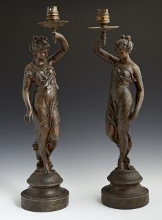 Appraisal: Pair of French Patinated Spelter Lamps c w Pair of