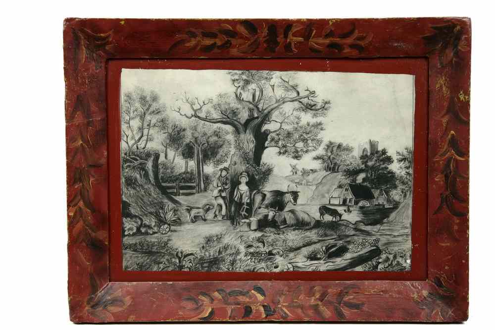 Appraisal: GRAPHITE DRAWING - th c Primitive Pastoral Scene with herdsman