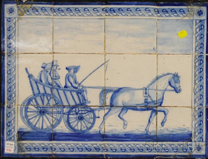 Appraisal: Framed Tin Glazed Blue and White Horse and Carriage Scene