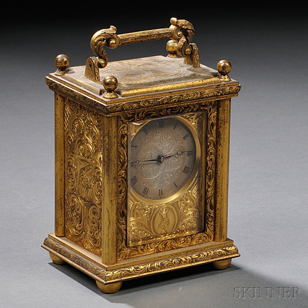 Appraisal: Engraved Brass Carriage Clock th century the case allover engraved