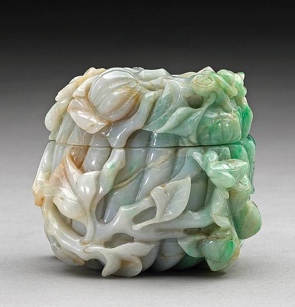 Appraisal: A mottled green jadeite covered box Of irregular ovoid section