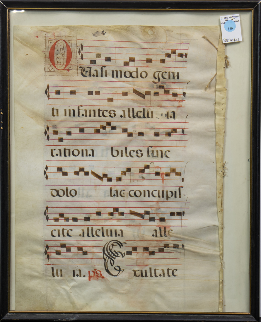 Appraisal: ANTIPHONAL EUROPEAN SCHOOL European School antiphonal on vellum with illuminated