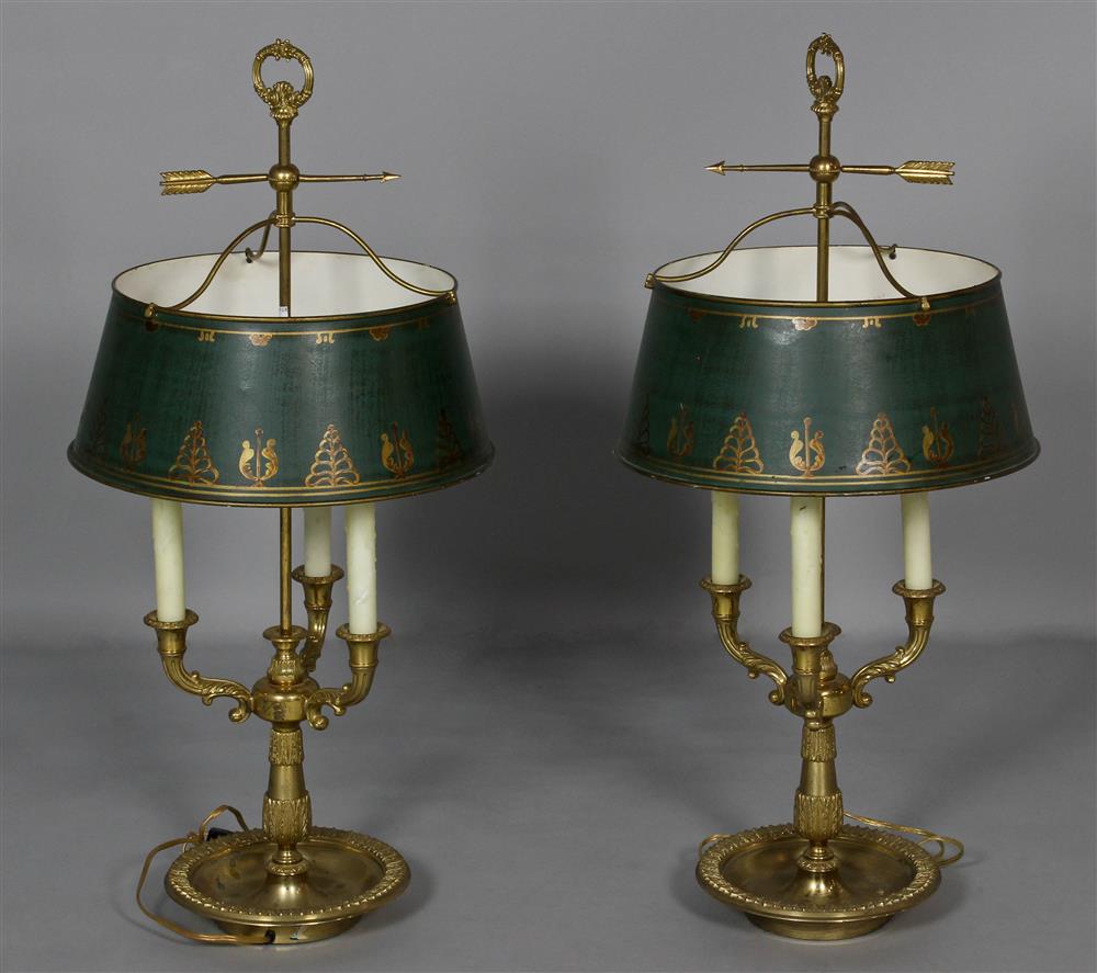 Appraisal: PAIR OF EMPIRE STYLE GILT BRONZE AND TOLE BOUILLOTTE LAMPS