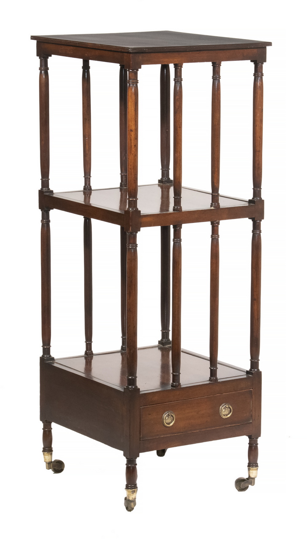 Appraisal: ENGLISH MAHOGANY ETAGERE th c Three-Tiered Display Stand with reeded