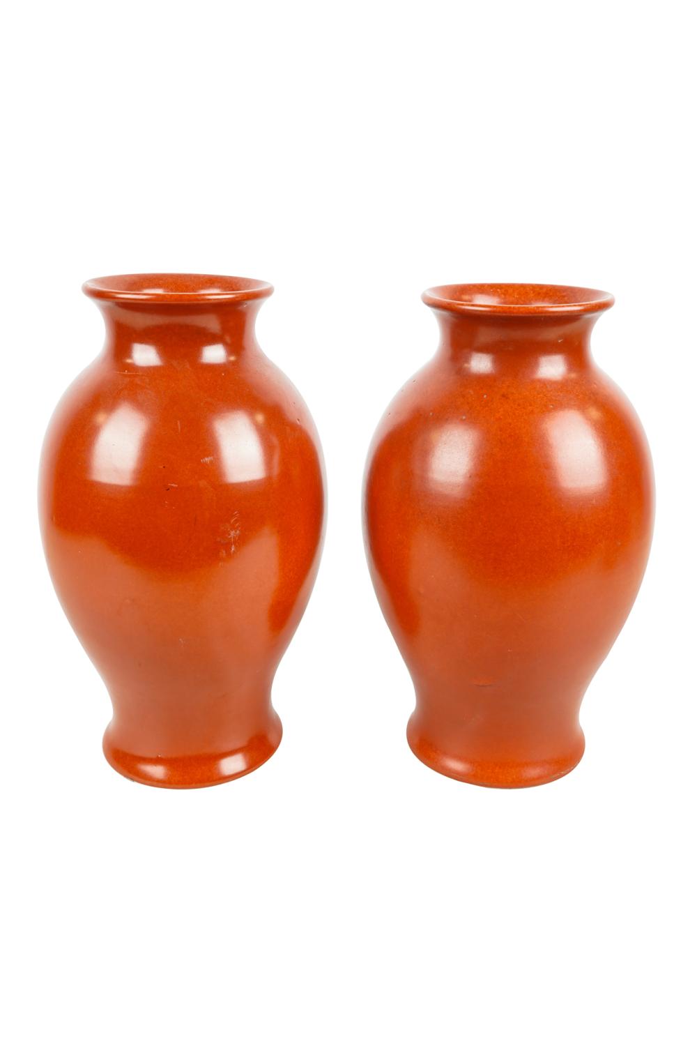 Appraisal: PAIR OF CHINESE CORAL RED-GLAZED PORCELAIN VASESCondition each drilled to