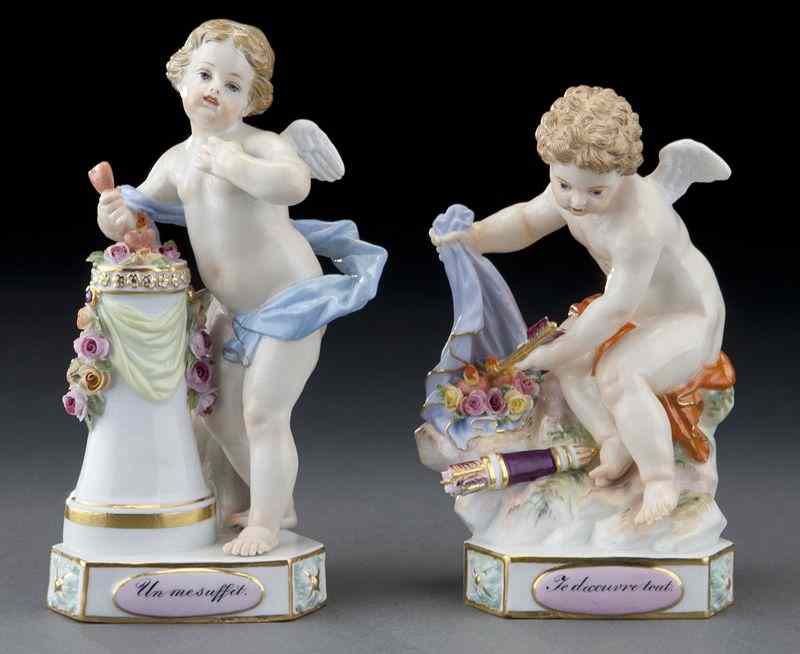 Appraisal: Meissen porcelain figures of puttistanding amidst clouds and pursuing various