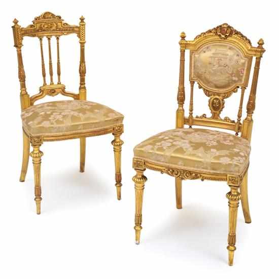 Appraisal: Two similar late th century gilt wood salon chairs Brass