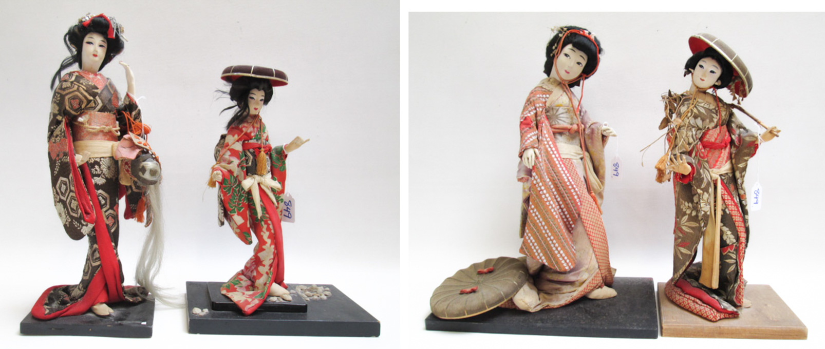 Appraisal: FOUR JAPANESE CLOTH DOLLS depicting standing Geisha girls Heights from