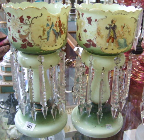 Appraisal: A pair of Victorian green glass lustres hung with cut