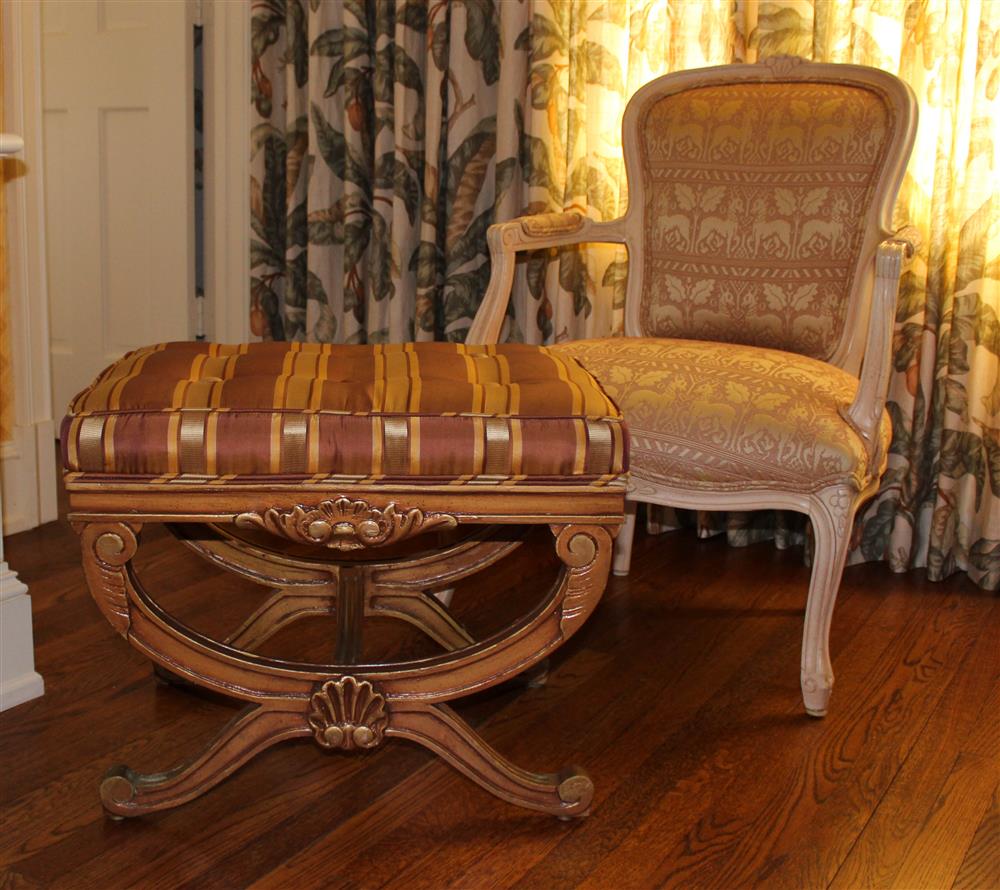 Appraisal: LOUIS XV STYLE ARMCHAIR TOGETHER WITH A NEOCLASSICAL STYLE TUFTED