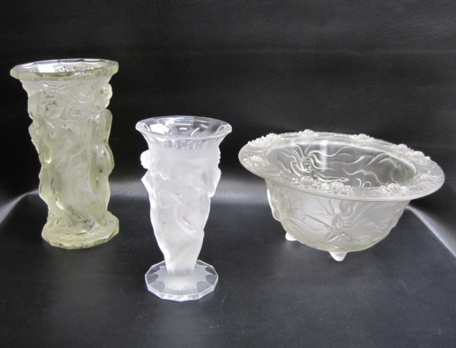 Appraisal: TWO GLASS VASES AND ONE CENTERPIECE BOWL in the manner