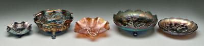 Appraisal: Five pieces carnival glass blue footed bowl with stag and