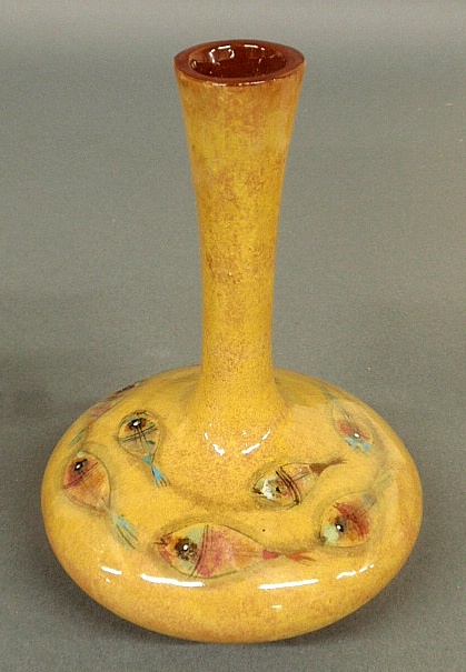 Appraisal: - Polia Pillin pottery vase with colorful fish decoration on