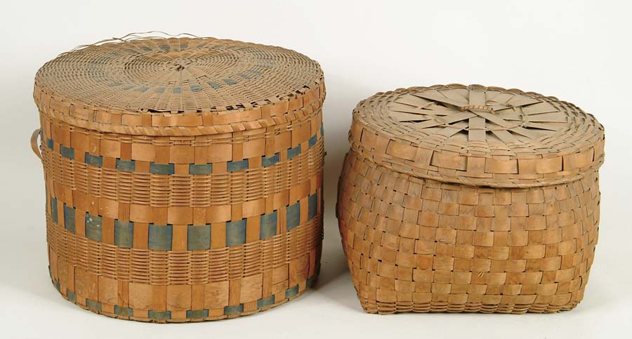 Appraisal: TWO LARGE COVERED BASKETS Round splint basket with three decorative