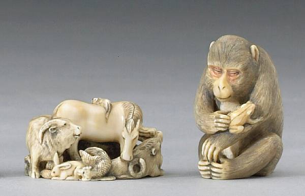 Appraisal: Two ivory netsuke Meiji Period Each signed Meigyokusai the first