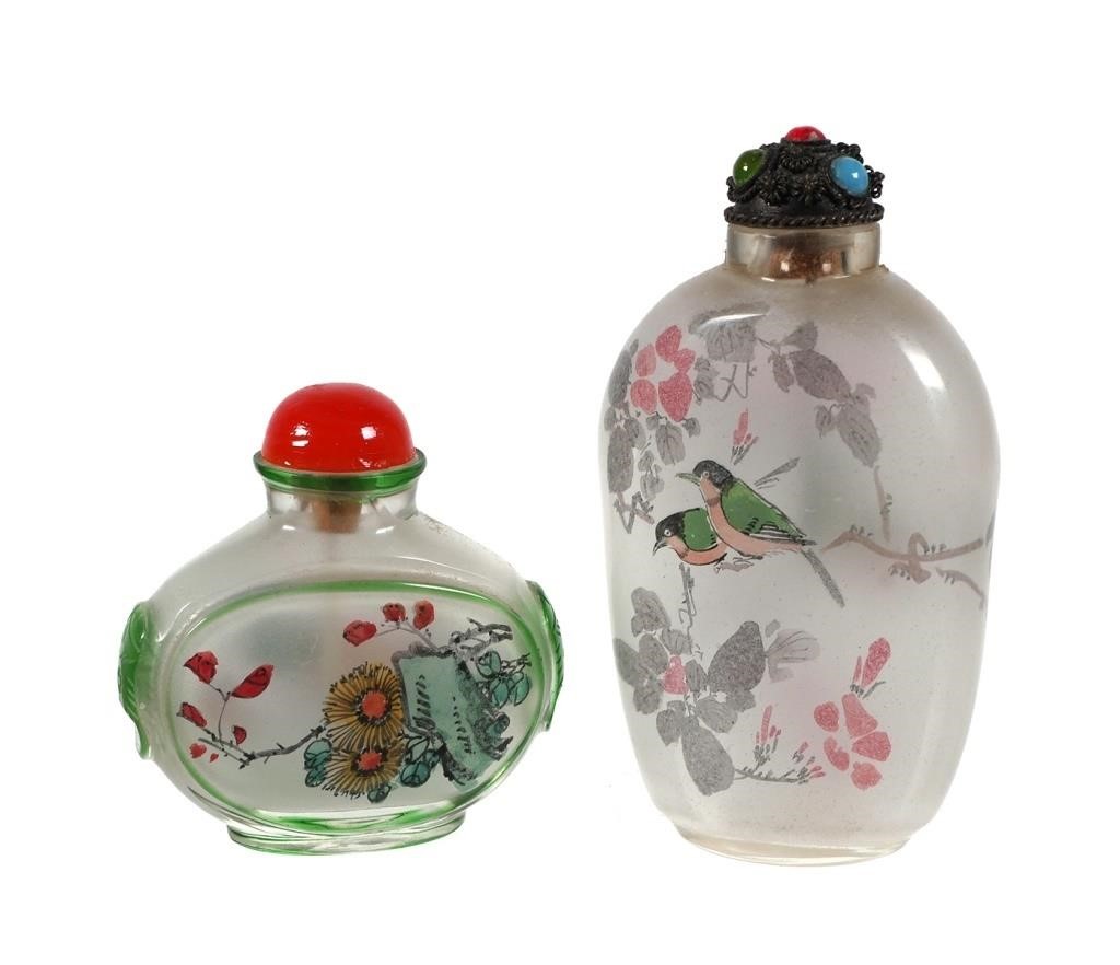 Appraisal: Two reverse painted glass snuff bottles with paintings of birds