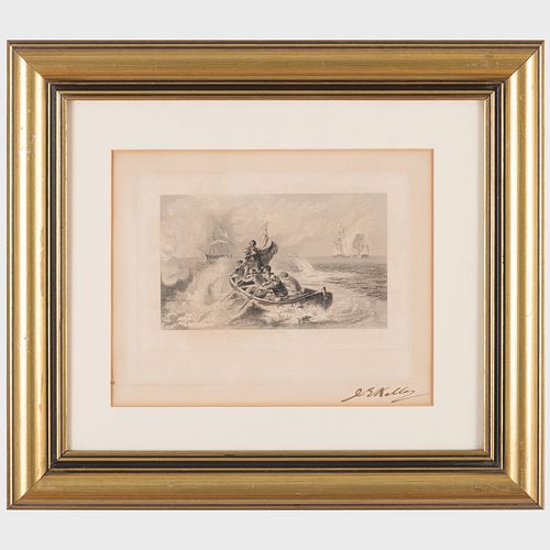 Appraisal: ENGLISH SCHOOL AT SEAEngraving on chine coll signed 'JE Kelly'