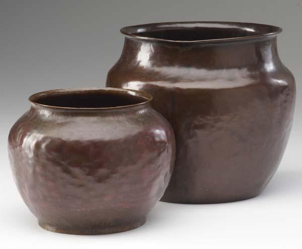 Appraisal: DIRK VAN ERP Two hammered copper warty bulbous vases The