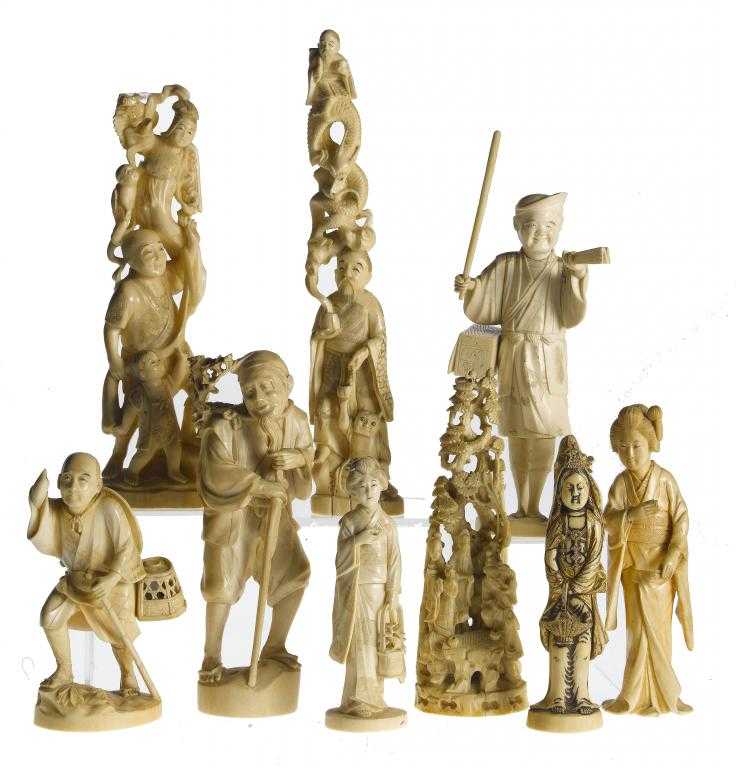 Appraisal: EIGHT JAPANESE IVORY FIGURES AND GROUPS including a figure of