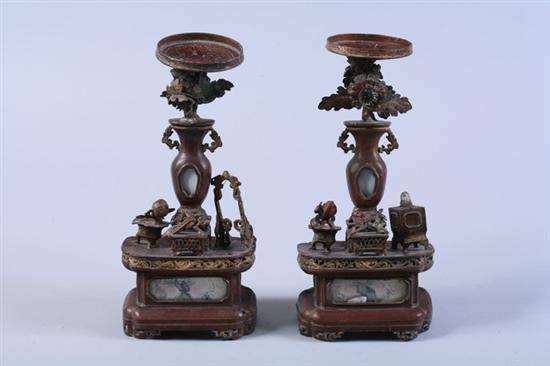 Appraisal: PAIR CHINESE PATINATED METAL VASIFORM MANTLE ORNAMENTS as is They