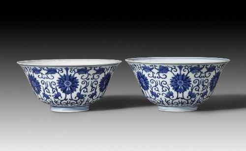 Appraisal: Three Chinese blue and white porcelain ''Lotus Scroll'' bowls each