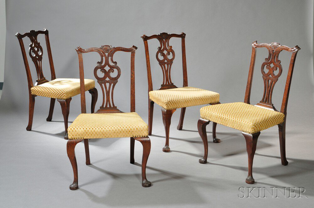 Appraisal: Set of Four Chippendale Walnut Carved Side Chairs Massachusetts c