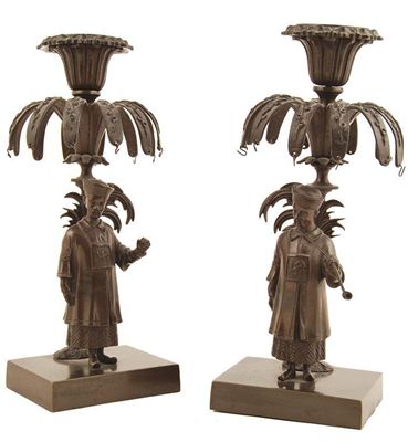 Appraisal: A pair of th century bronze figural candlesticks raised on