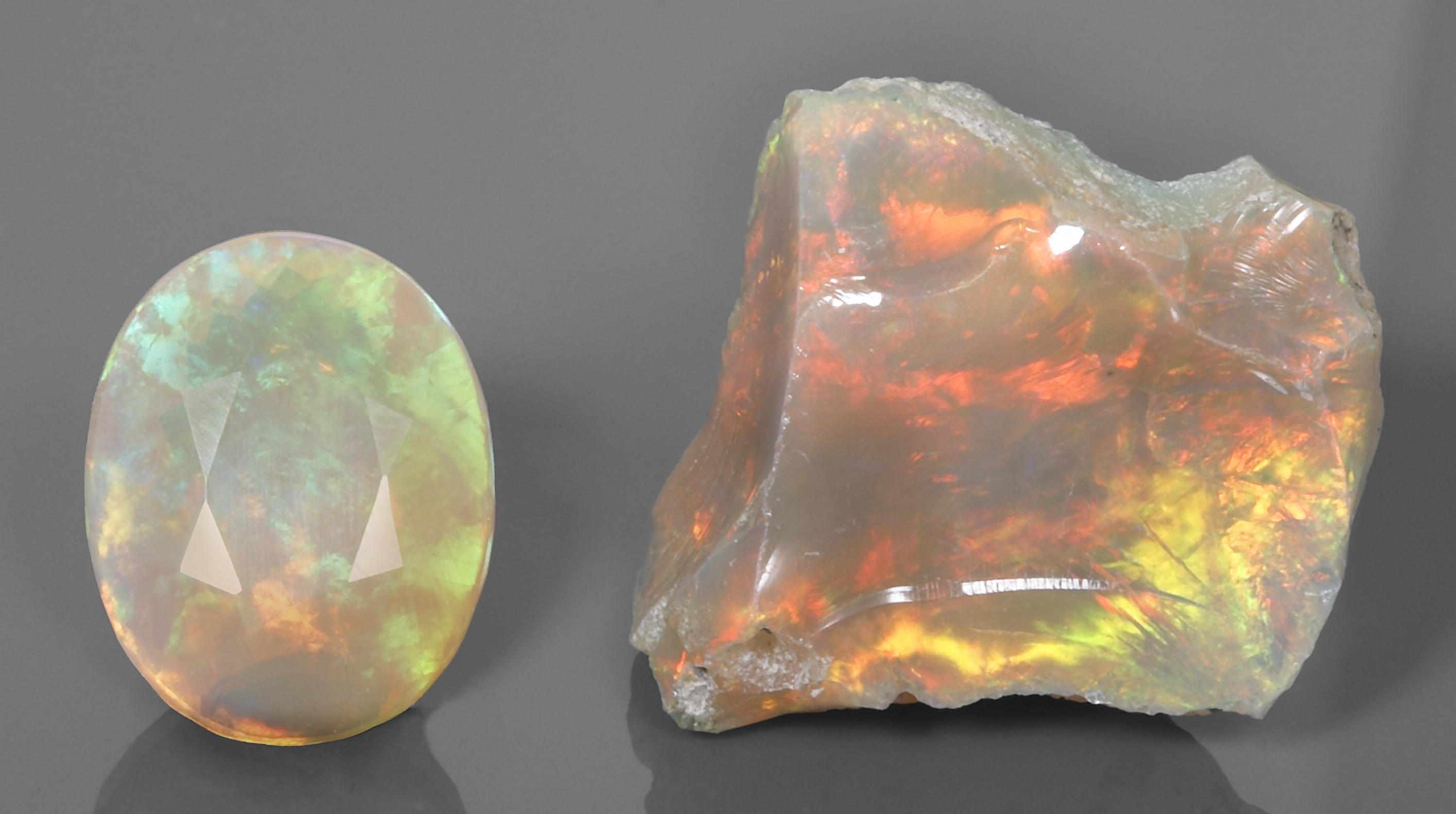 Appraisal: Golden Opal Rough and Cut Wello Ethiopia The rough specimen