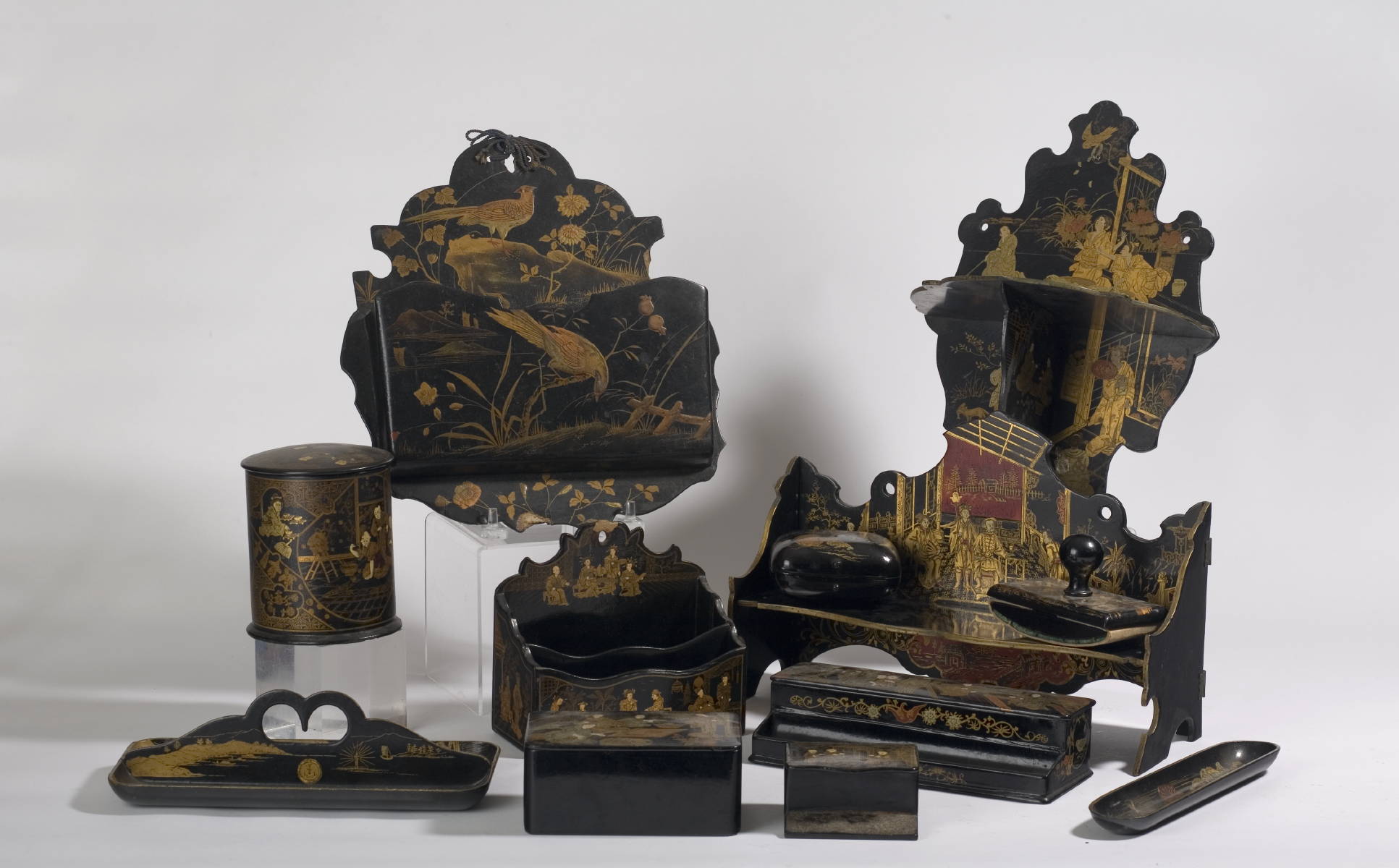 Appraisal: TWELVE ENGLISH PAPIER MACHE OBJECTS WITH GILT ORIENTAL DECORATION INCLUDING