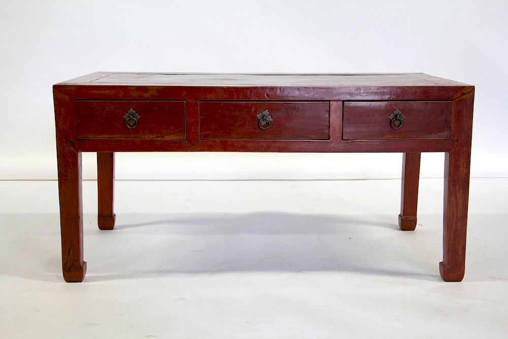 Appraisal: A Red Lacquered Chinese Three Drawer Coffee Table Possibly elm