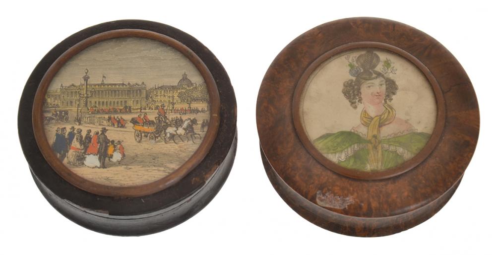 Appraisal: TWO TH CENTURY WOODEN TRINKET BOXES WITH INSET IMAGES INCL