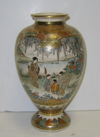 Appraisal: JAPANESE SATSUMA BALUSTER FORM VASE Decorated with two scenic reserves