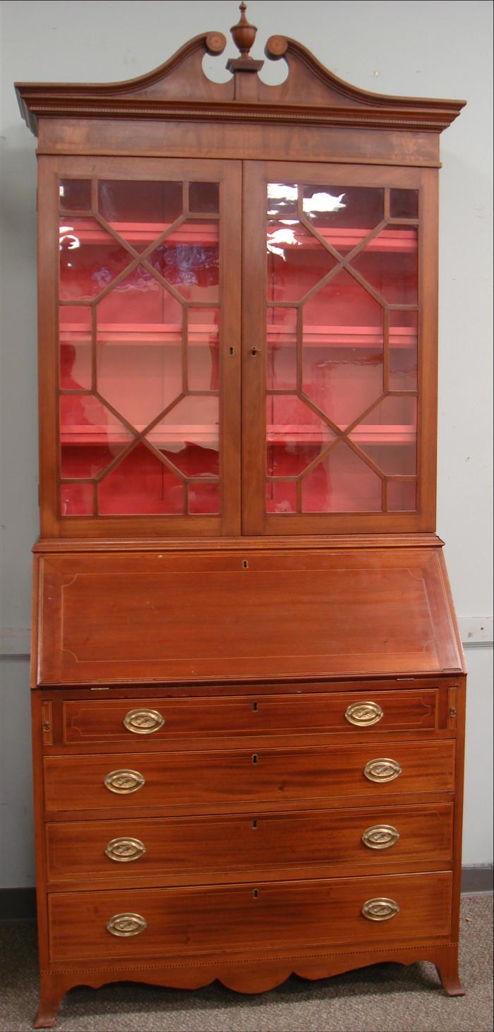 Appraisal: Inlaid mahogany Hepplewhite style secretary desk scrolled top good condition