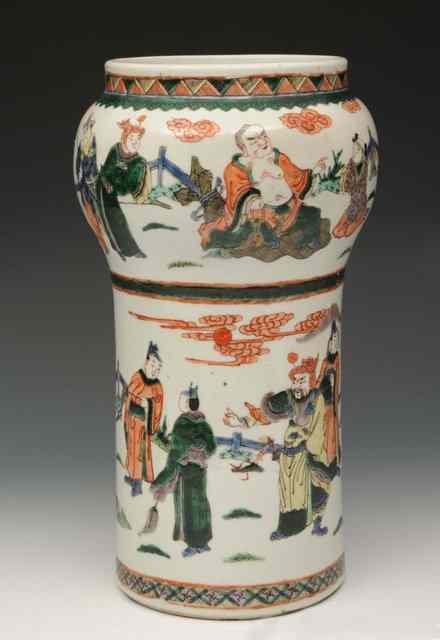 Appraisal: A CHINESE FAMILLE VERT CYLINDRICAL VASE decorated with scholars six