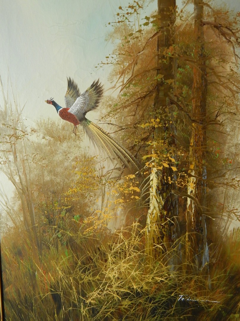 Appraisal: Ferdinand Pheasants in flight from a coppice oil on canvas