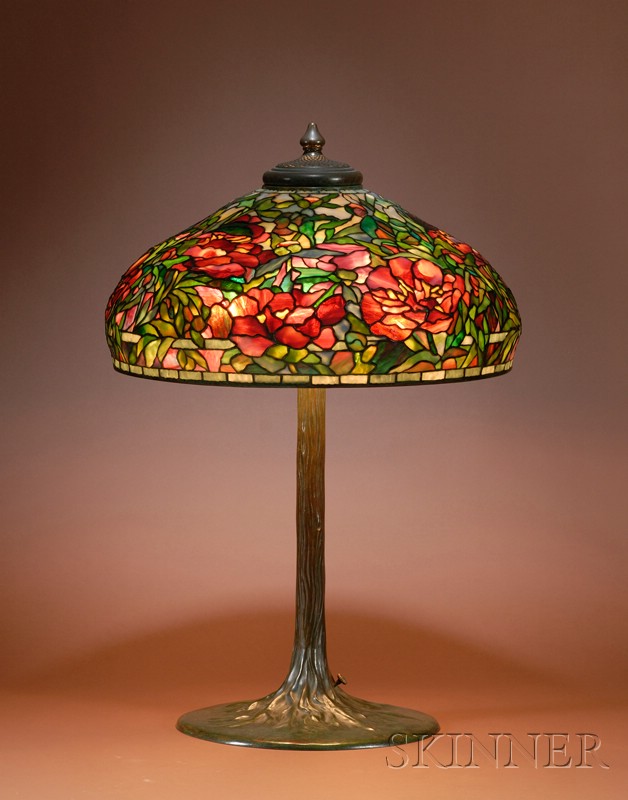 Appraisal: Tiffany Studios Leaded Glass and Bronze Elaborate Peony Lamp Shade