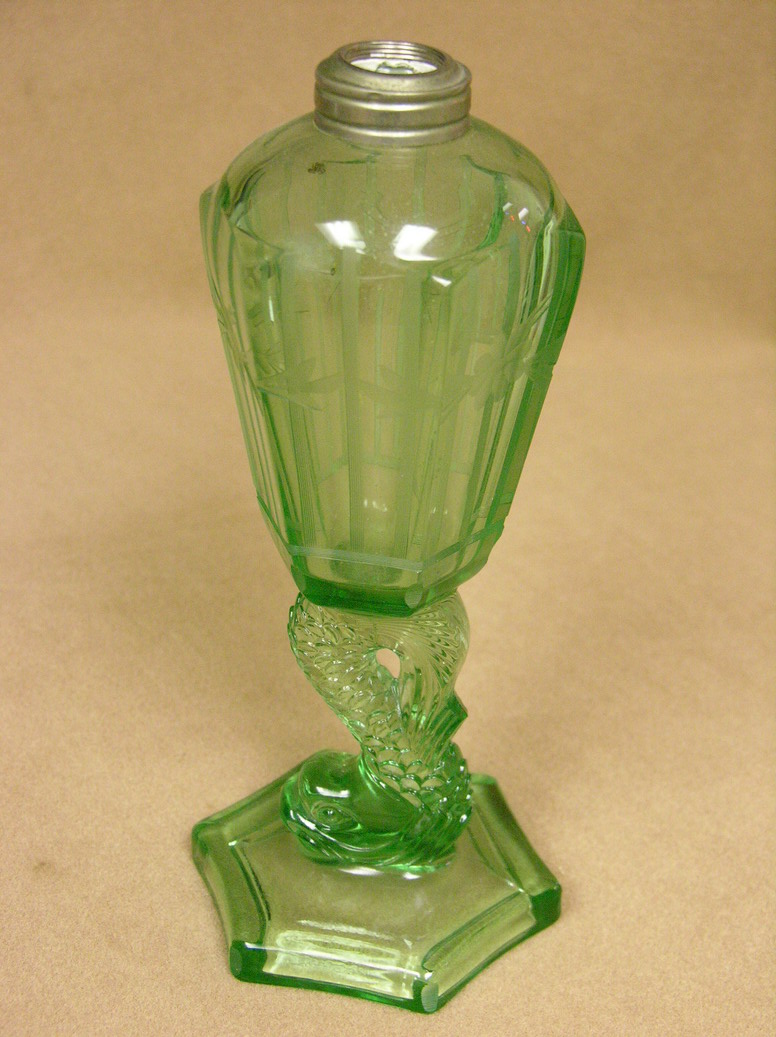 Appraisal: GREEN DOLPHIN FOOTED ETCH GLASS OIL LAMP six sided flower