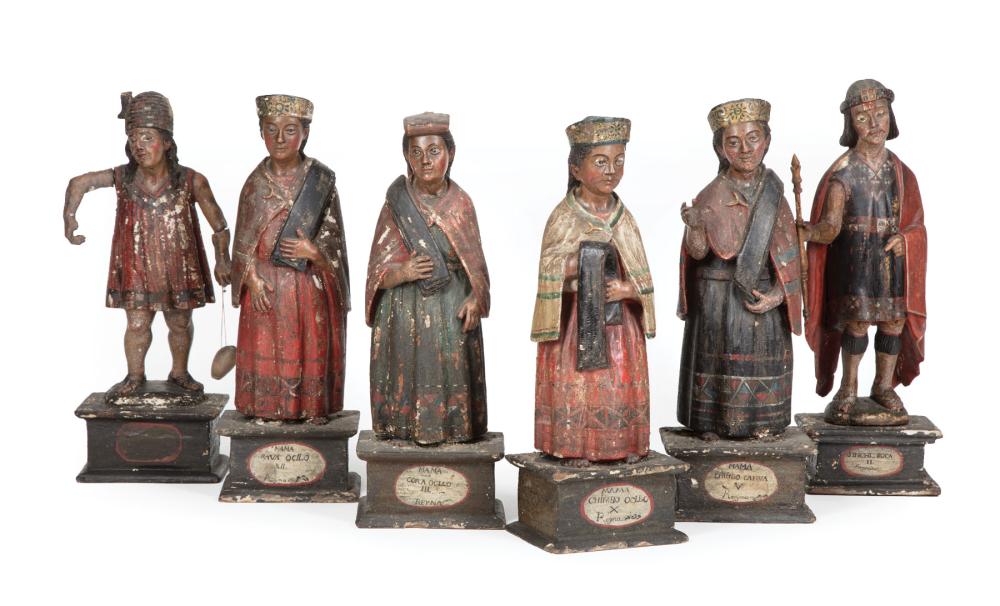 Appraisal: Six Carved and Polychromed Figures of Incan Emperors and Queens