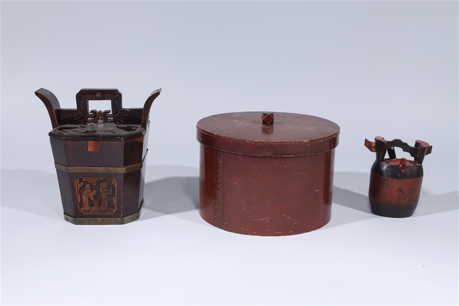 Appraisal: Group of three various Japanese wood storage vessels one circular