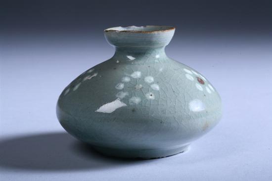 Appraisal: KOREAN CELADON PORCELAIN BOTTLE Koryo Dynasty Disk-form with pinched neck