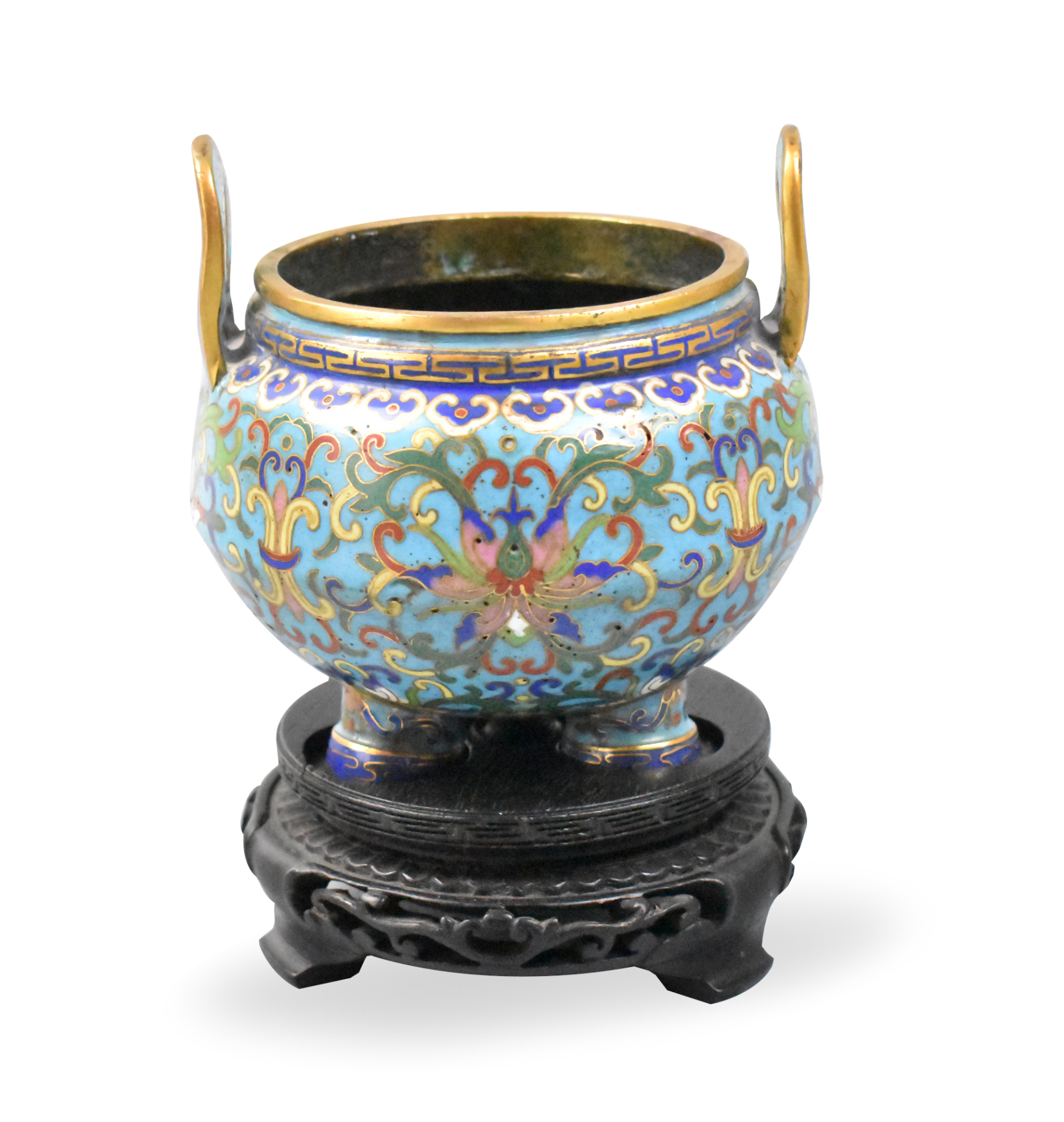 Appraisal: A Chinese Cloisonne tripod censer on stand Over three short