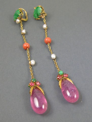 Appraisal: PAIR OF COLORED GEMSTONE EARRINGS each k yellow gold with