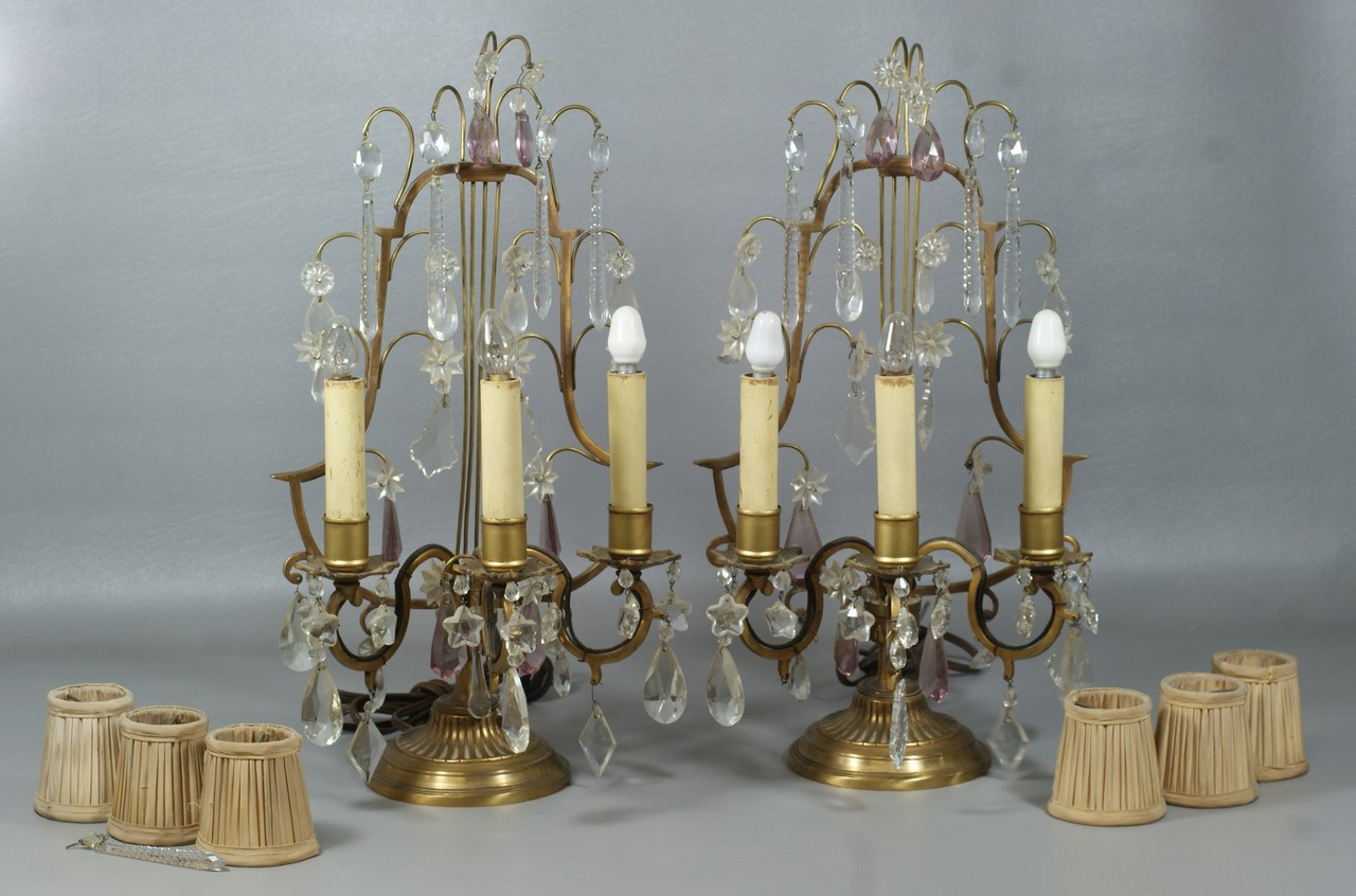 Appraisal: Pr arm candelabra lamps with lyre backs crystal prisms electric