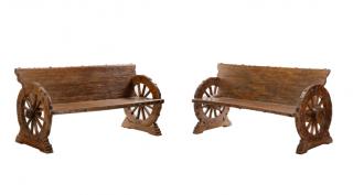 Appraisal: Pair American Rustic Oak Wagon Wheel Benches American late th