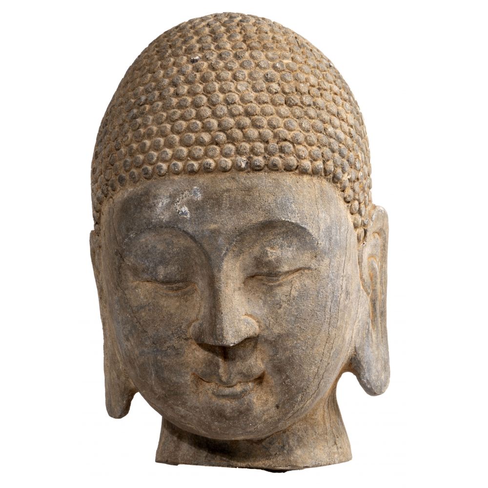 Appraisal: CHINESE LIMESTONE BUDDHA HEADNorthern Qi style lacking ushnisha having pendulous