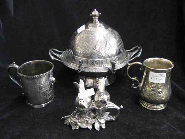 Appraisal: pcs Victorian Silverplate butter dish figural bird salt pepper and