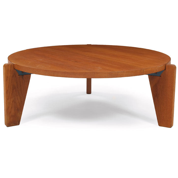 Appraisal: Jean Prouve coffee table France oak removable round top over