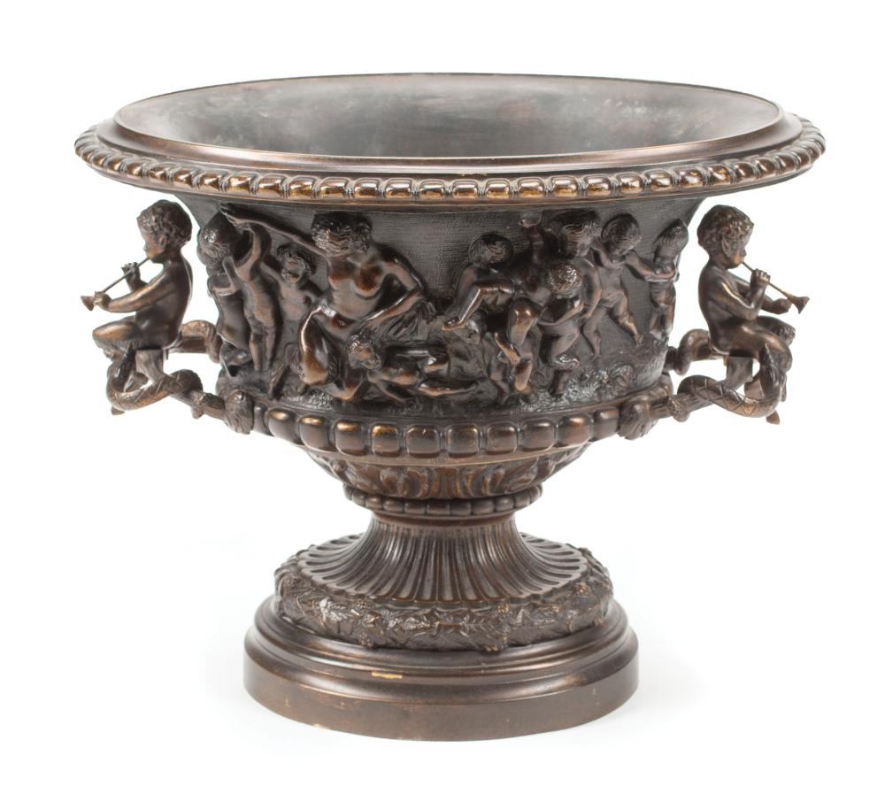 Appraisal: Neoclassical-Style Patinated Bronze Urn oval form figural relief frieze handles